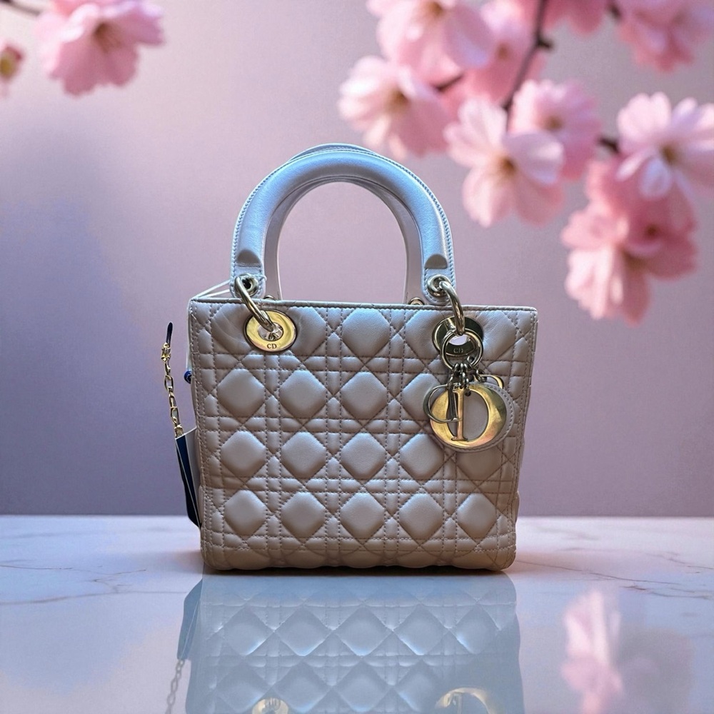 Christian Dior Medium Lambskin Cannage Lady Dior Pink Pearlescent Leather Bag